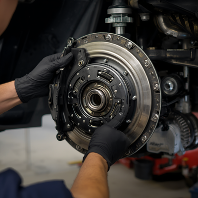 Clutch Replacement - Mechanic working on clutch and gearbox